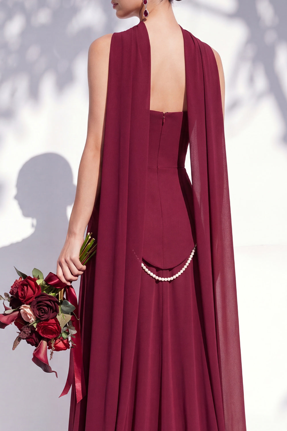 Strapless Long Butter Yellow A Line Neck Scarf Bridesmaid Dress with Pearls