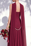 Strapless Long Butter Yellow A Line Neck Scarf Bridesmaid Dress with Pearls