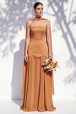Strapless Long Butter Yellow A Line Neck Scarf Bridesmaid Dress with Pearls