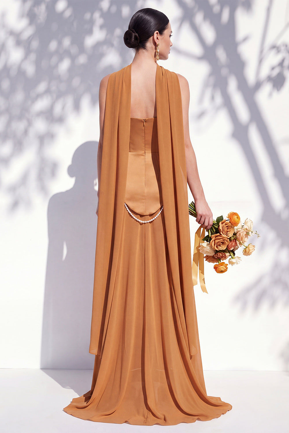 Strapless Long Butter Yellow A Line Neck Scarf Bridesmaid Dress with Pearls