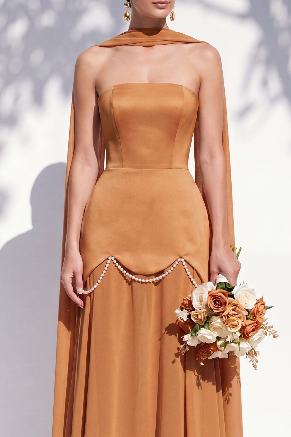 Strapless Long Butter Yellow A Line Neck Scarf Bridesmaid Dress with Pearls