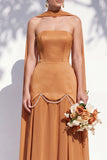 Strapless Long Butter Yellow A Line Neck Scarf Bridesmaid Dress with Pearls