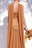 Strapless Long Butter Yellow A Line Neck Scarf Bridesmaid Dress with Pearls