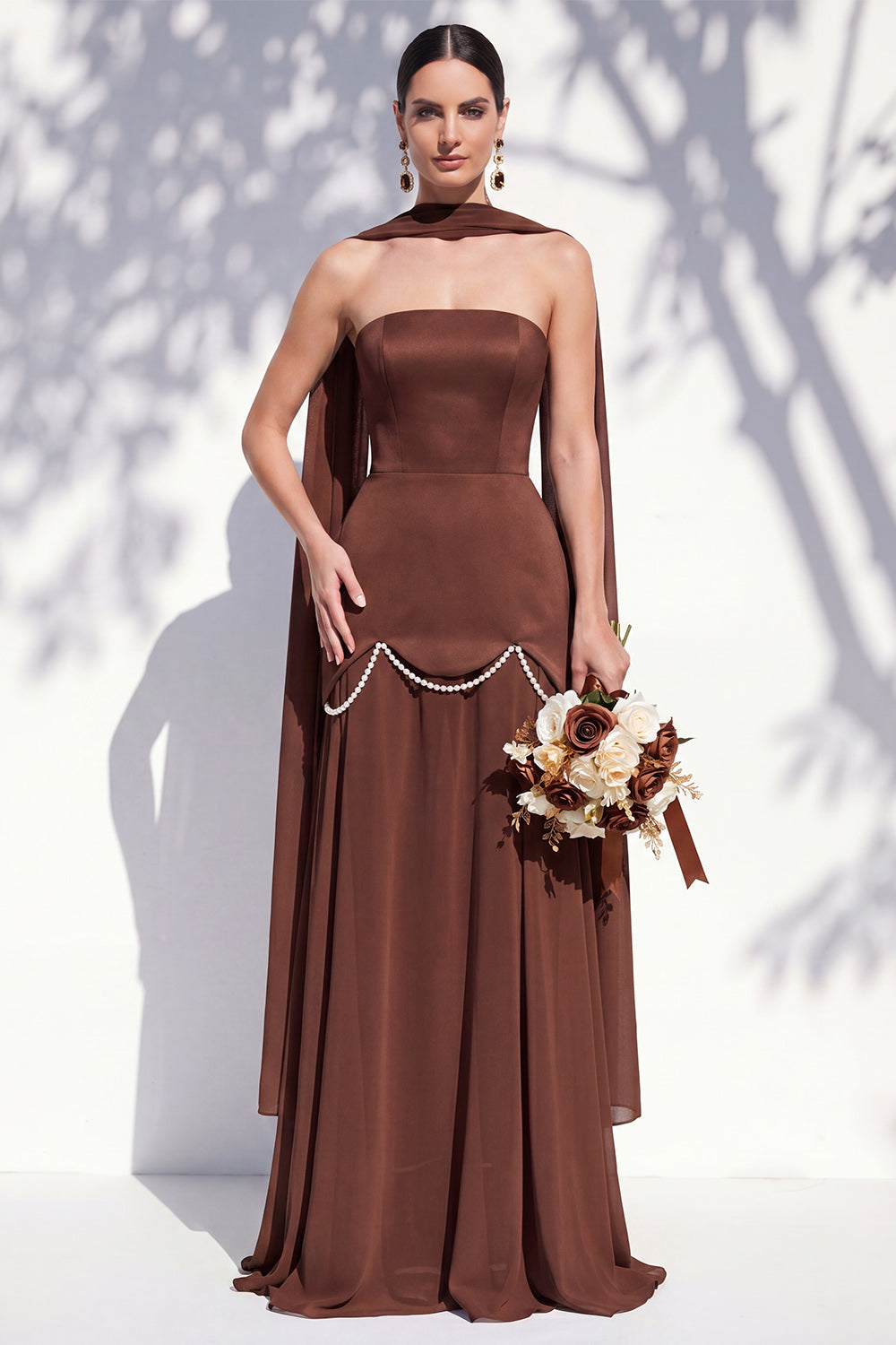 Strapless Long Butter Yellow A Line Neck Scarf Bridesmaid Dress with Pearls