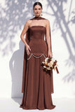 Strapless Long Butter Yellow A Line Neck Scarf Bridesmaid Dress with Pearls