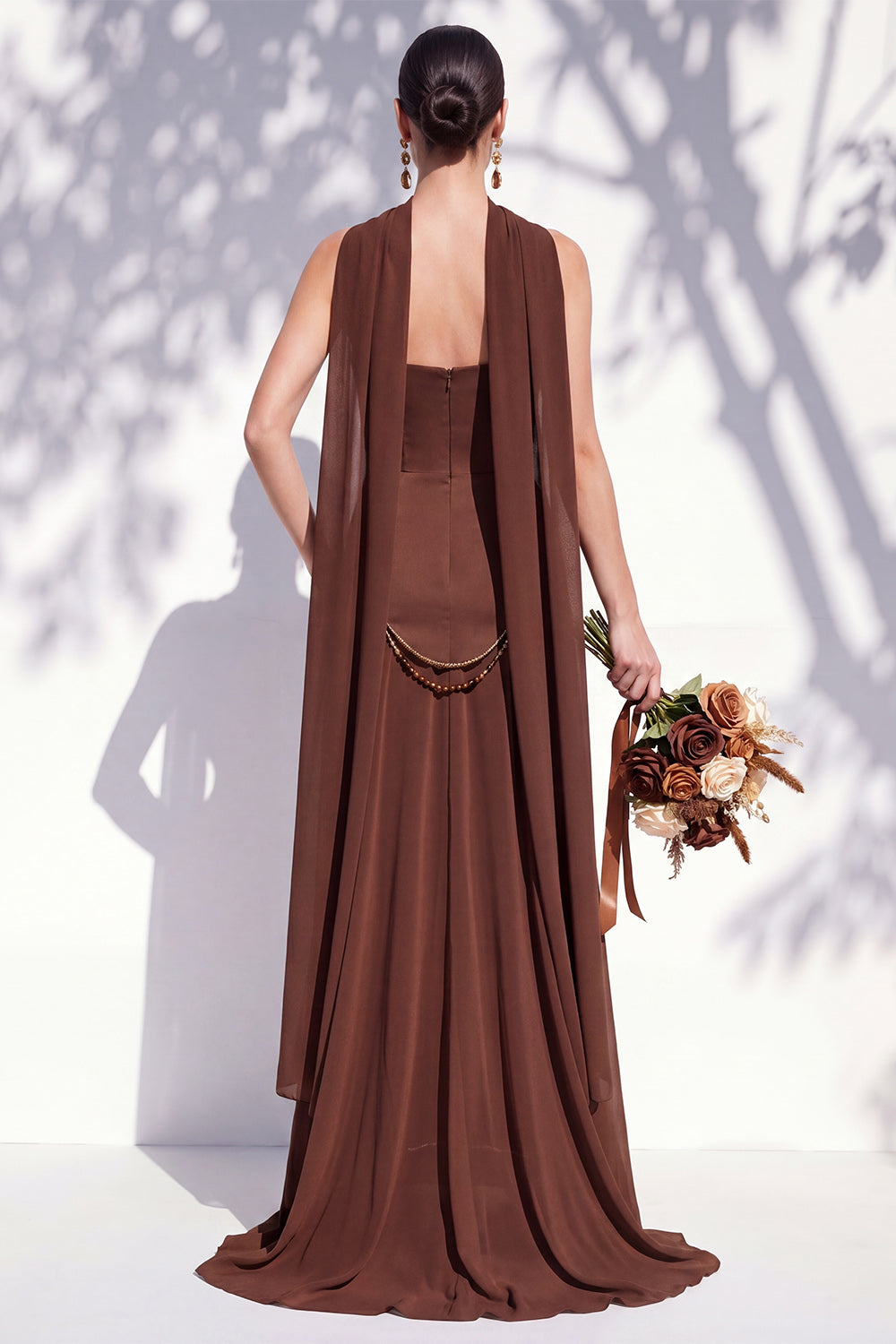 Strapless Long Butter Yellow A Line Neck Scarf Bridesmaid Dress with Pearls