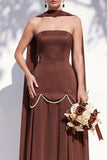 Strapless Long Butter Yellow A Line Neck Scarf Bridesmaid Dress with Pearls