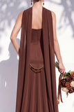 Strapless Long Butter Yellow A Line Neck Scarf Bridesmaid Dress with Pearls