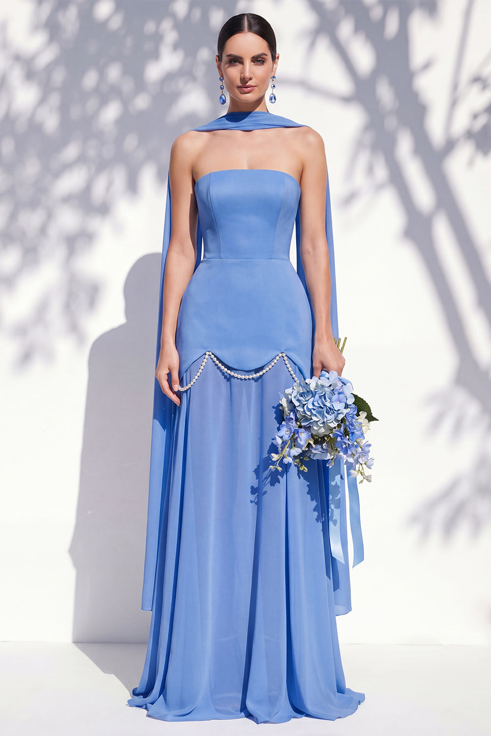 Strapless Long Butter Yellow A Line Neck Scarf Bridesmaid Dress with Pearls