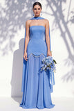 Strapless Long Butter Yellow A Line Neck Scarf Bridesmaid Dress with Pearls