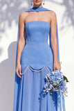 Strapless Long Butter Yellow A Line Neck Scarf Bridesmaid Dress with Pearls
