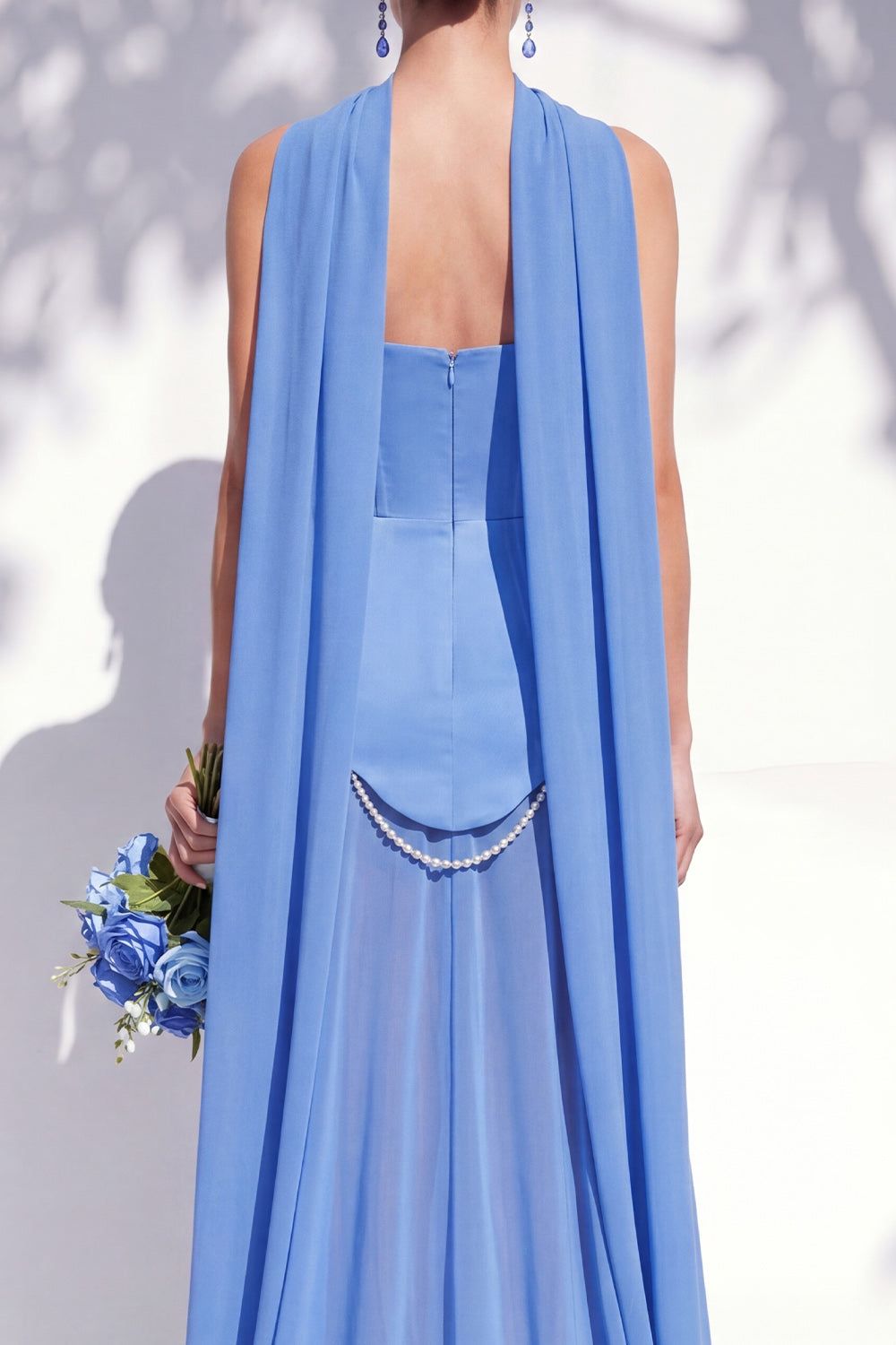 Strapless Long Butter Yellow A Line Neck Scarf Bridesmaid Dress with Pearls