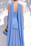 Strapless Long Butter Yellow A Line Neck Scarf Bridesmaid Dress with Pearls