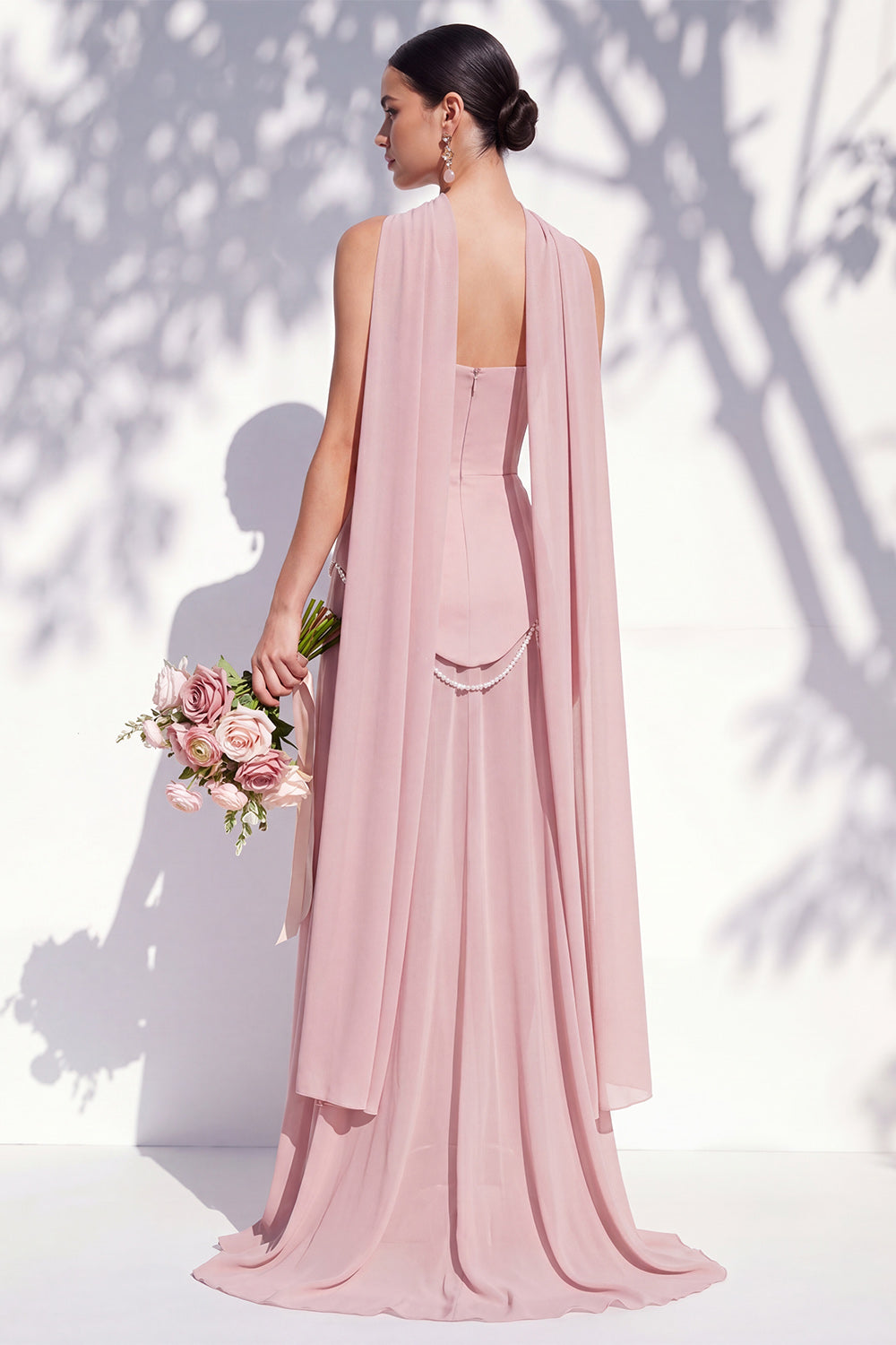 Strapless Long Butter Yellow A Line Neck Scarf Bridesmaid Dress with Pearls