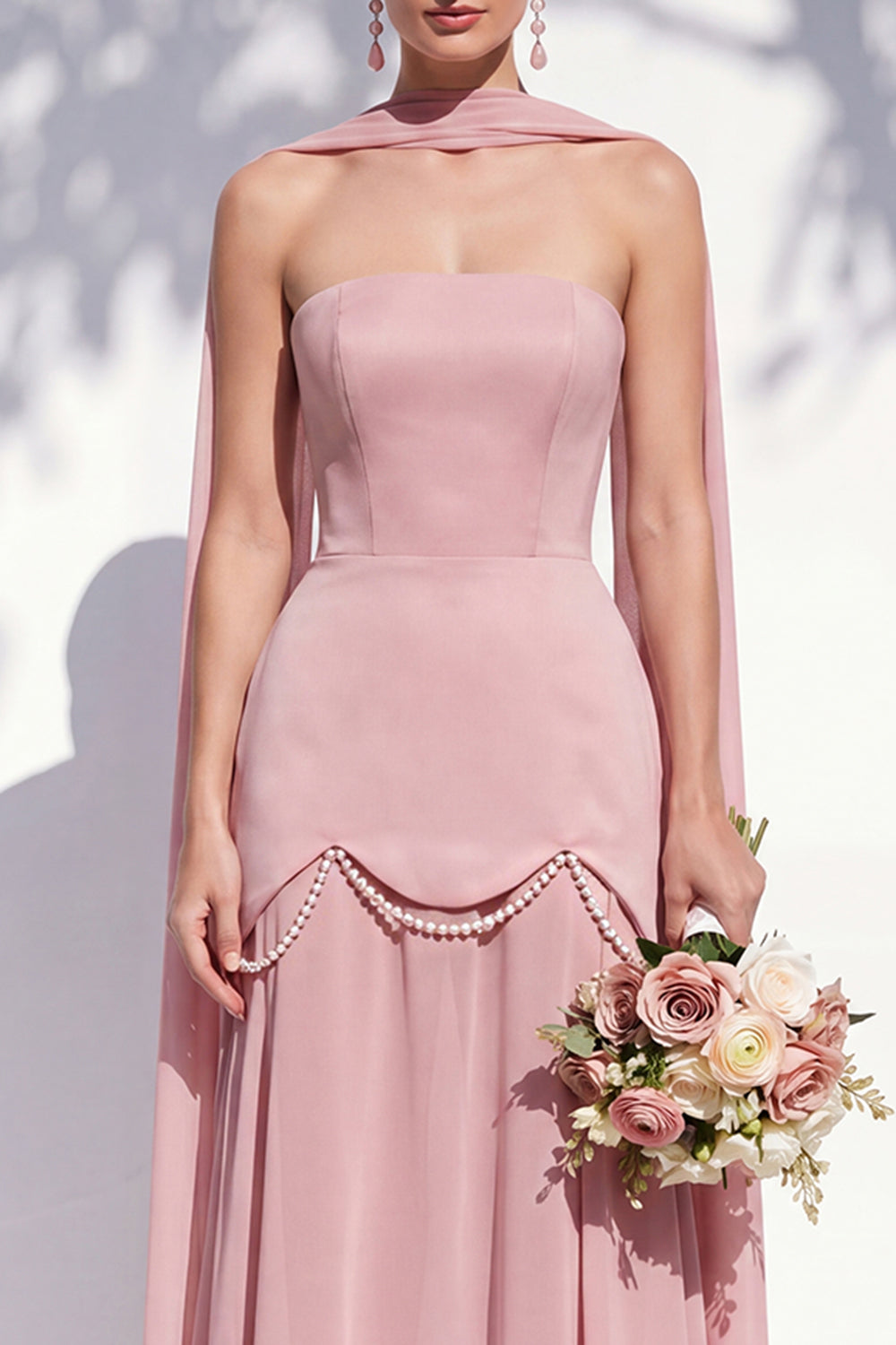 Strapless Long Butter Yellow A Line Neck Scarf Bridesmaid Dress with Pearls