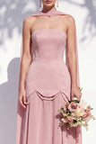 Strapless Long Butter Yellow A Line Neck Scarf Bridesmaid Dress with Pearls