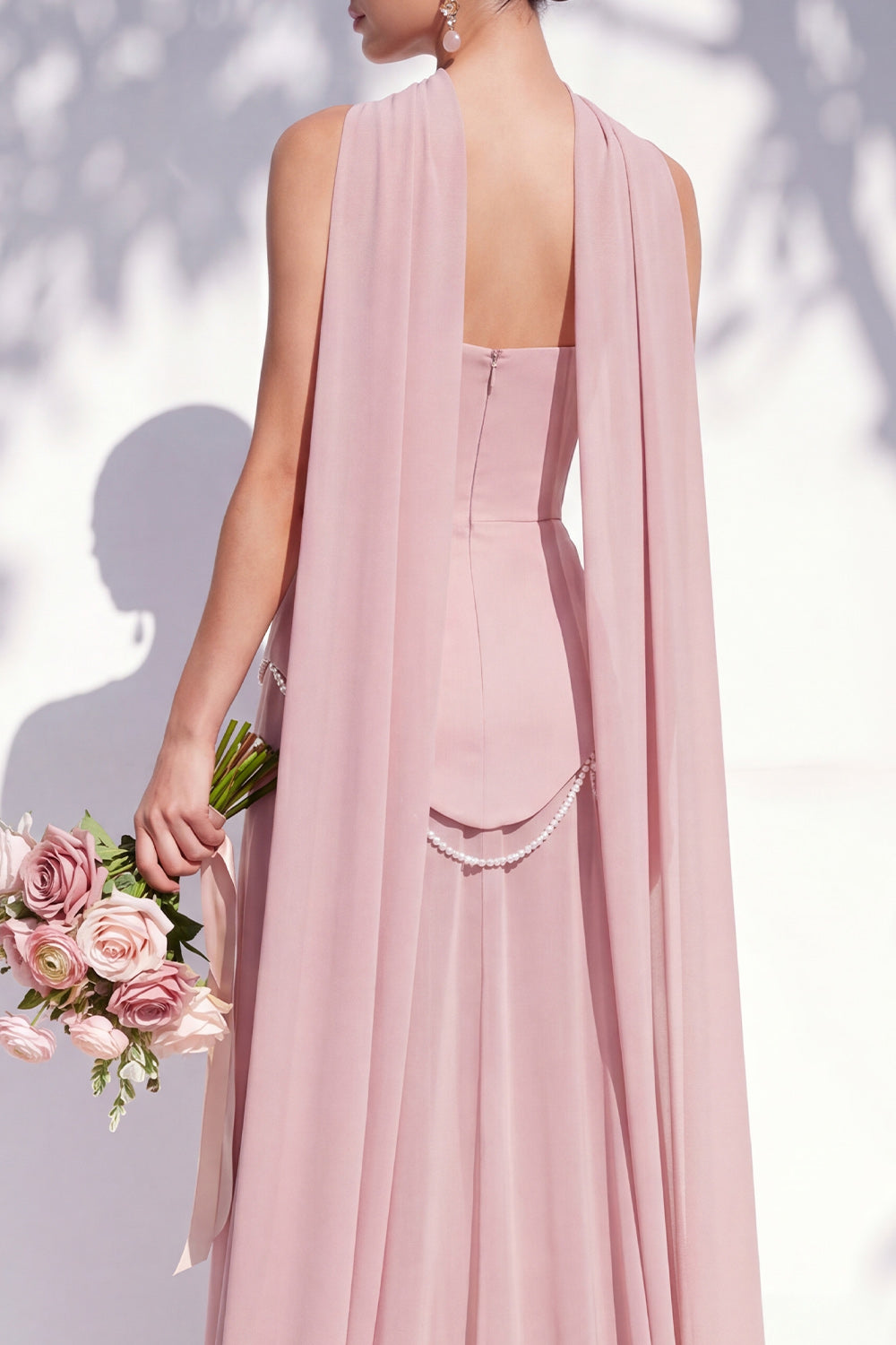 Strapless Long Butter Yellow A Line Neck Scarf Bridesmaid Dress with Pearls
