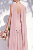 Strapless Long Butter Yellow A Line Neck Scarf Bridesmaid Dress with Pearls
