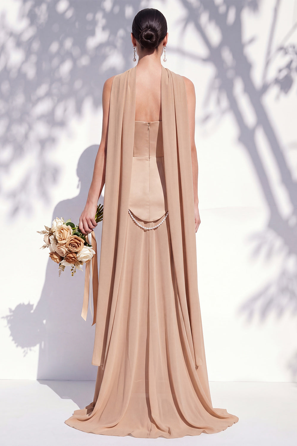 Strapless Long Butter Yellow A Line Neck Scarf Bridesmaid Dress with Pearls