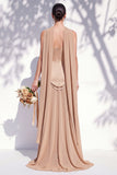 Strapless Long Butter Yellow A Line Neck Scarf Bridesmaid Dress with Pearls