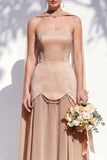Strapless Long Butter Yellow A Line Neck Scarf Bridesmaid Dress with Pearls