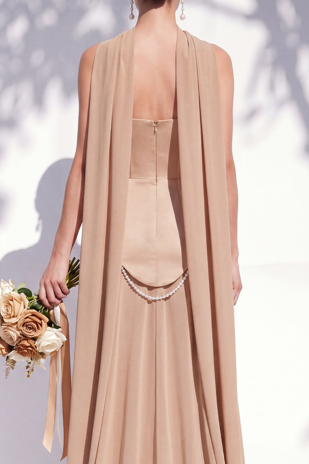 Strapless Long Butter Yellow A Line Neck Scarf Bridesmaid Dress with Pearls
