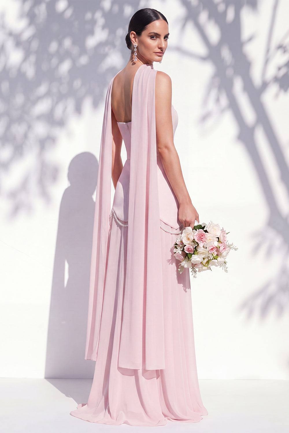 Strapless Long Butter Yellow A Line Neck Scarf Bridesmaid Dress with Pearls