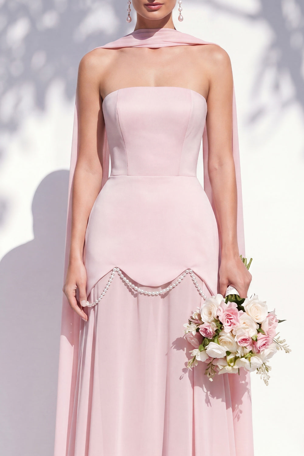 Strapless Long Butter Yellow A Line Neck Scarf Bridesmaid Dress with Pearls