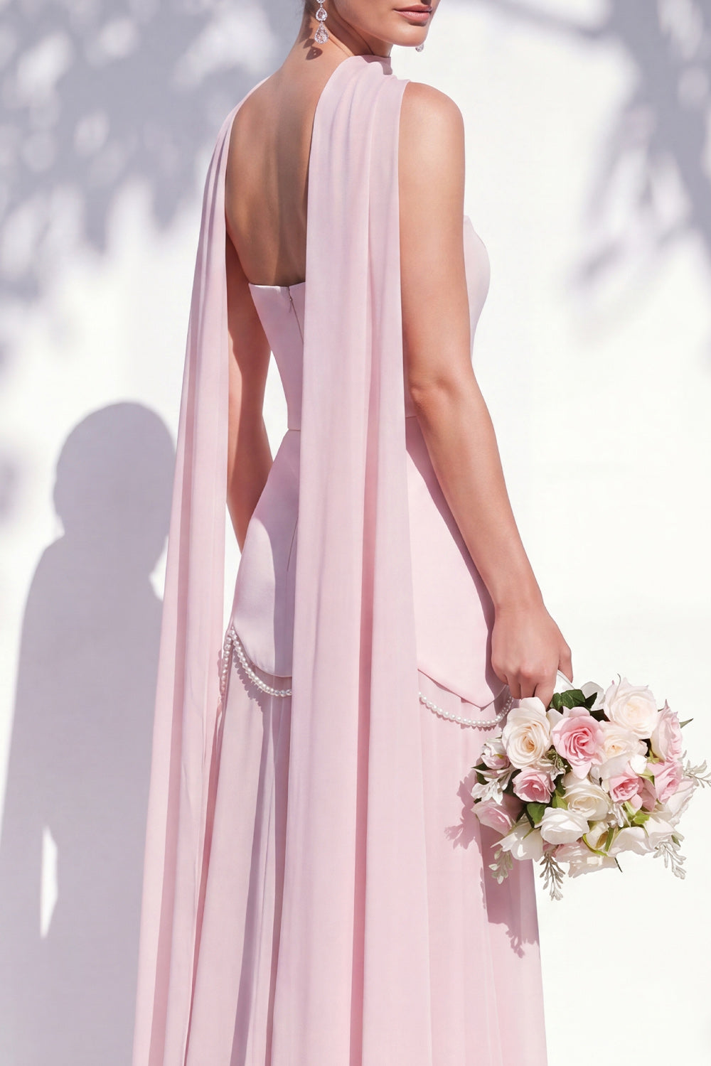 Strapless Long Butter Yellow A Line Neck Scarf Bridesmaid Dress with Pearls