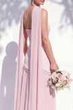 Strapless Long Butter Yellow A Line Neck Scarf Bridesmaid Dress with Pearls
