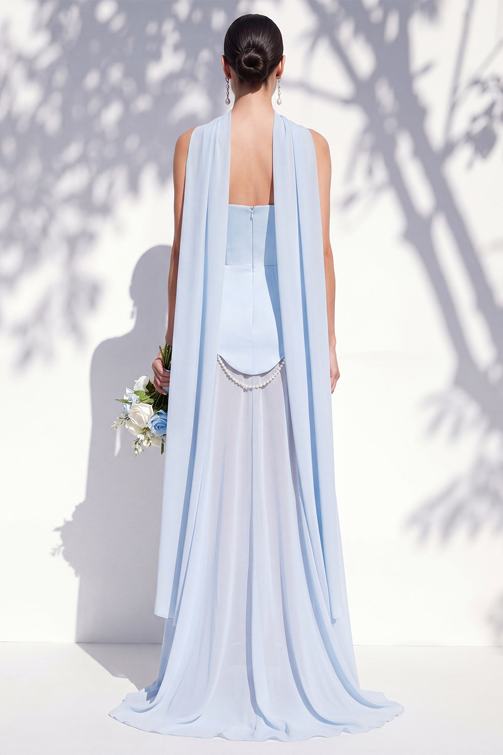 Strapless Long Butter Yellow A Line Neck Scarf Bridesmaid Dress with Pearls