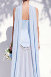 Strapless Long Butter Yellow A Line Neck Scarf Bridesmaid Dress with Pearls