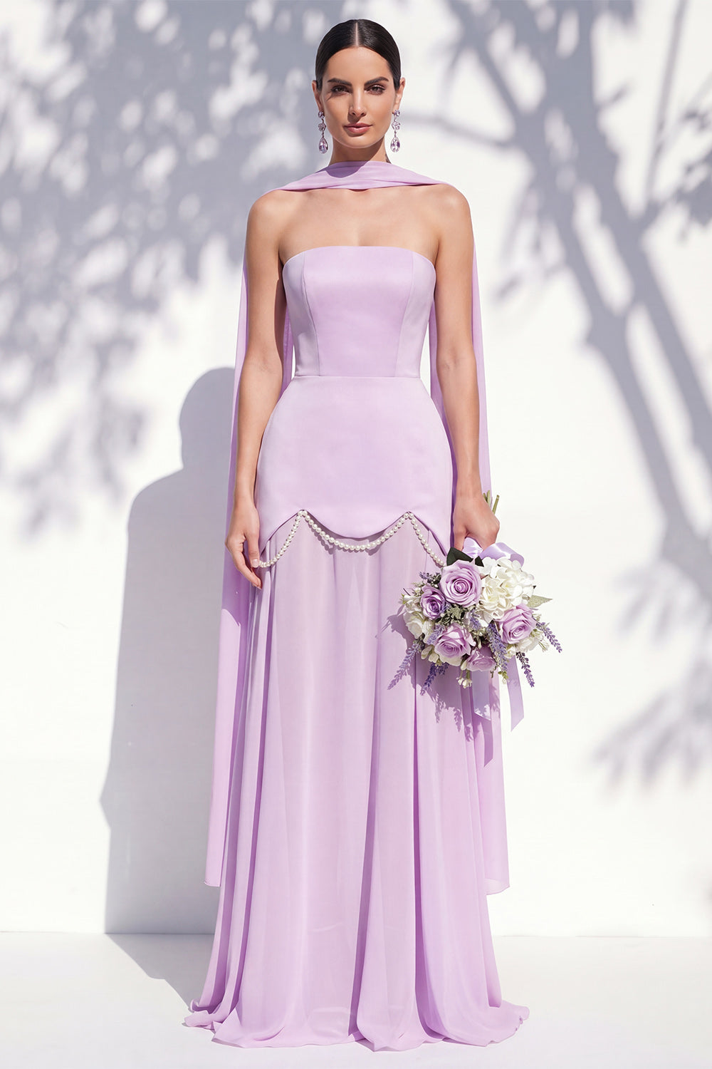 Strapless Long Butter Yellow A Line Neck Scarf Bridesmaid Dress with Pearls