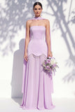 Strapless Long Butter Yellow A Line Neck Scarf Bridesmaid Dress with Pearls