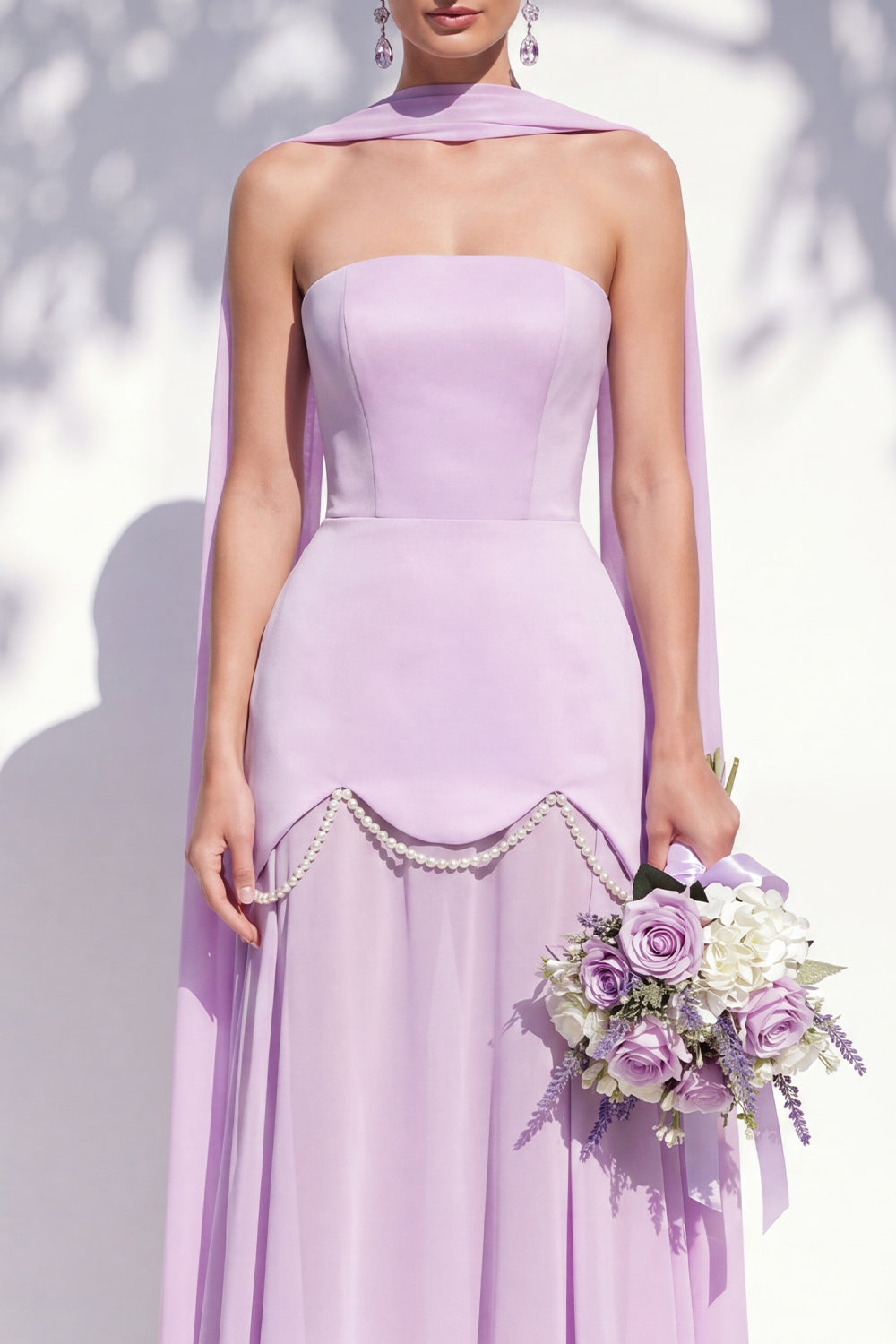 Strapless Long Butter Yellow A Line Neck Scarf Bridesmaid Dress with Pearls