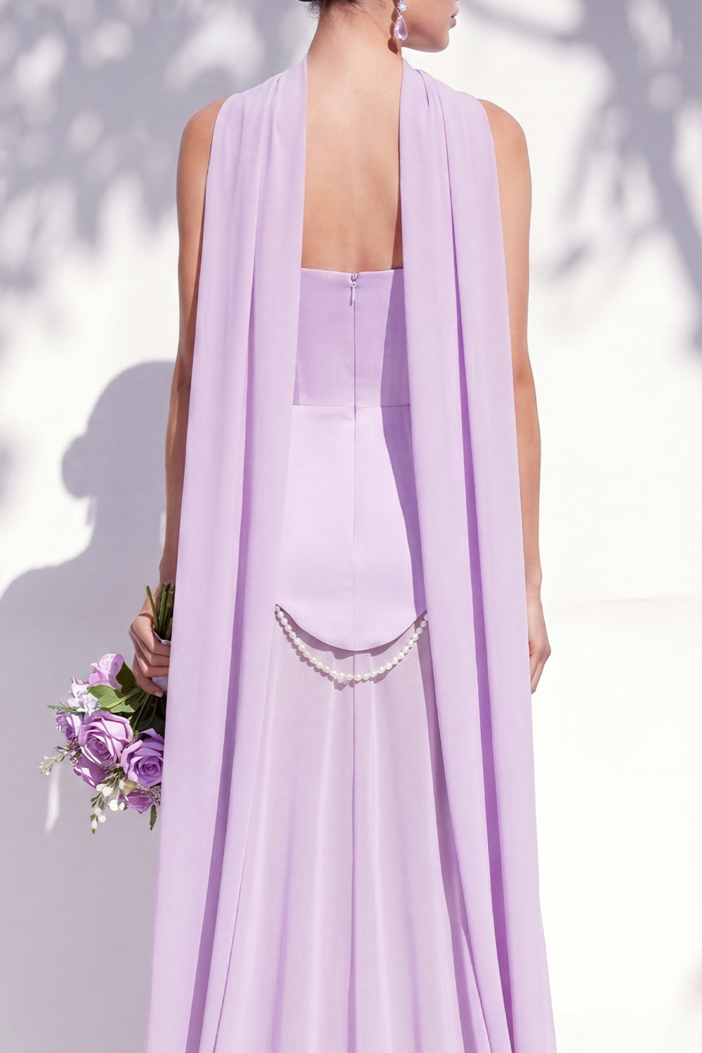 Strapless Long Butter Yellow A Line Neck Scarf Bridesmaid Dress with Pearls