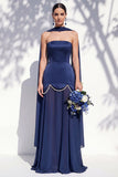 Strapless Long Butter Yellow A Line Neck Scarf Bridesmaid Dress with Pearls