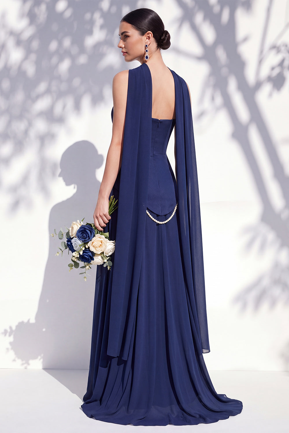 Strapless Long Butter Yellow A Line Neck Scarf Bridesmaid Dress with Pearls