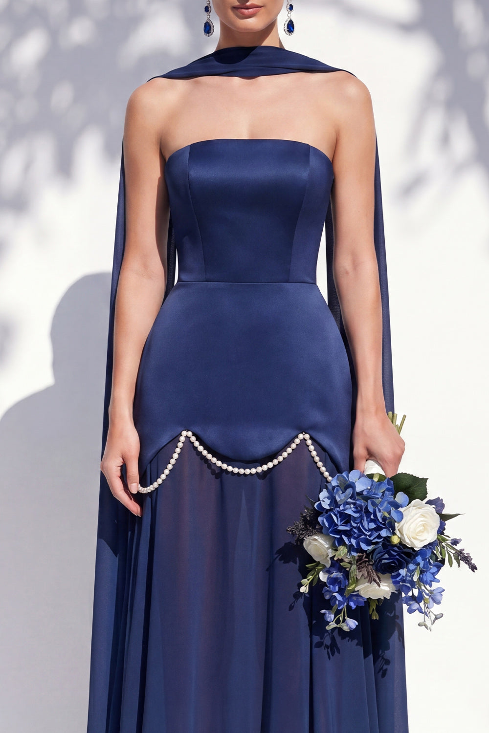 Strapless Long Butter Yellow A Line Neck Scarf Bridesmaid Dress with Pearls