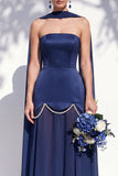 Strapless Long Butter Yellow A Line Neck Scarf Bridesmaid Dress with Pearls
