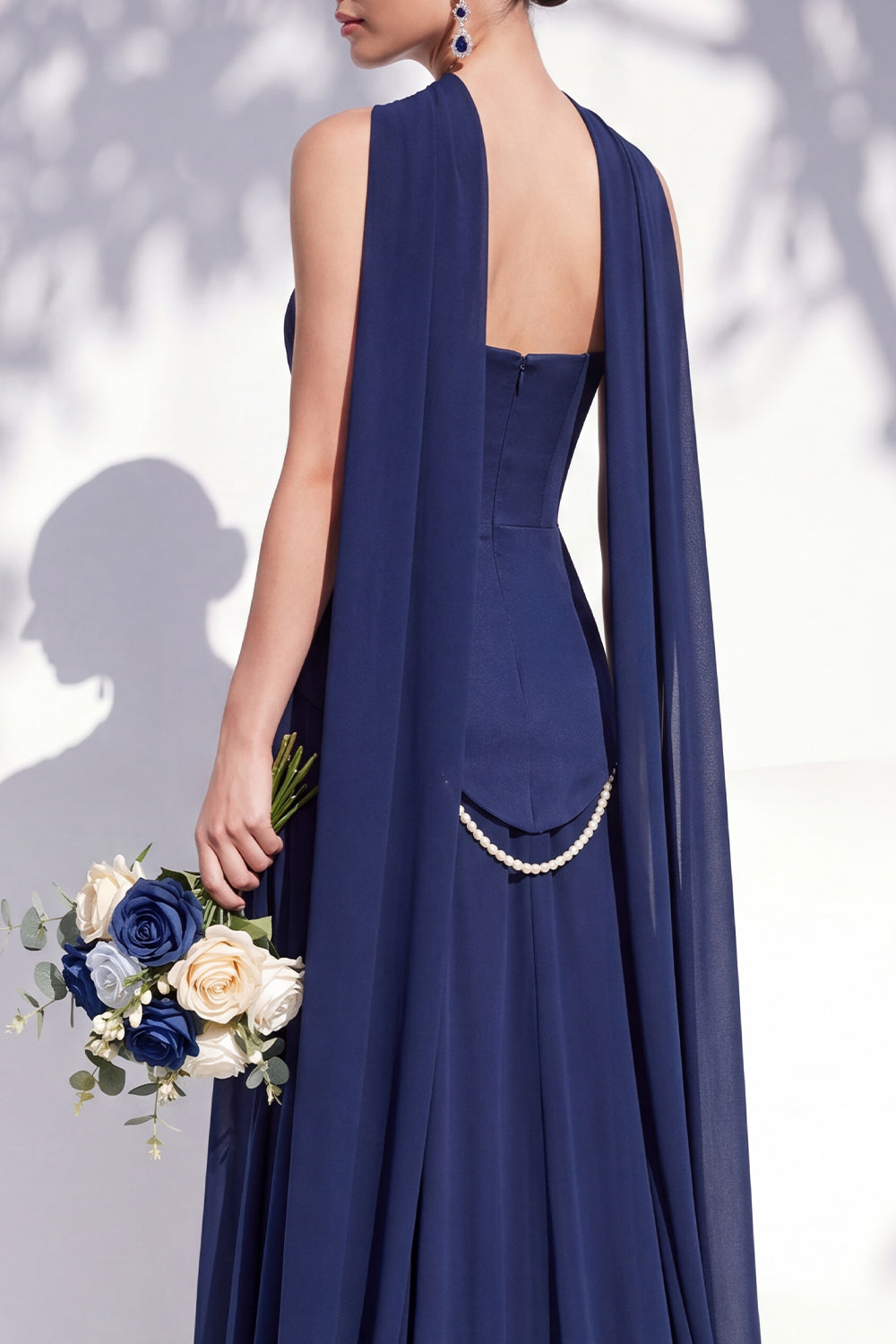 Strapless Long Butter Yellow A Line Neck Scarf Bridesmaid Dress with Pearls