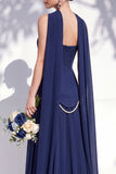 Strapless Long Butter Yellow A Line Neck Scarf Bridesmaid Dress with Pearls