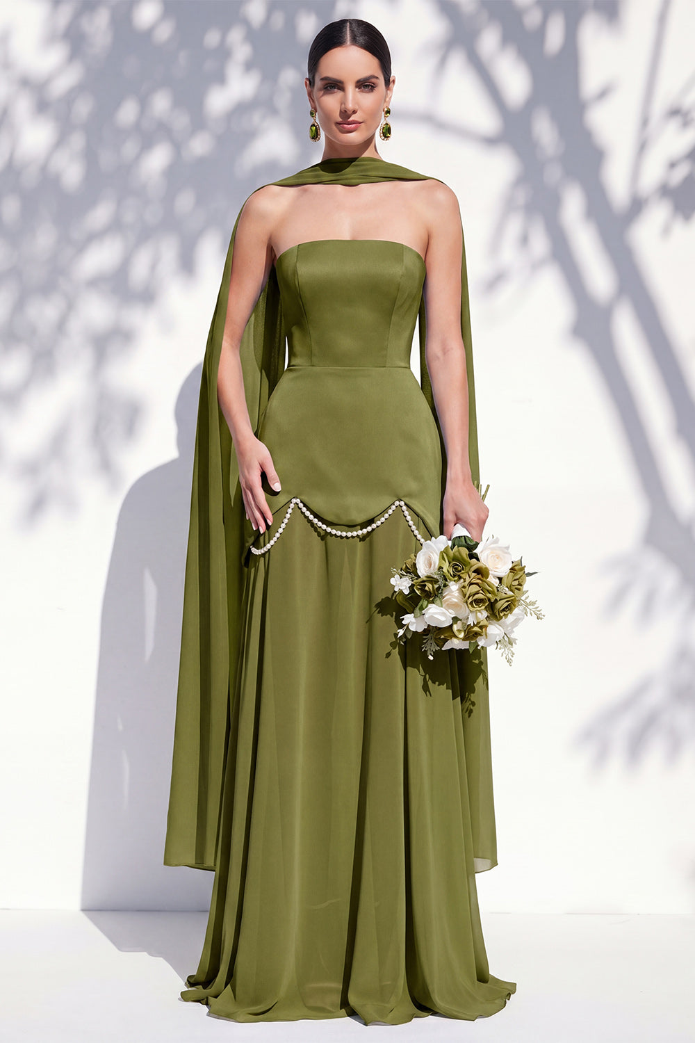 Strapless Long Butter Yellow A Line Neck Scarf Bridesmaid Dress with Pearls