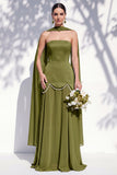 Strapless Long Butter Yellow A Line Neck Scarf Bridesmaid Dress with Pearls