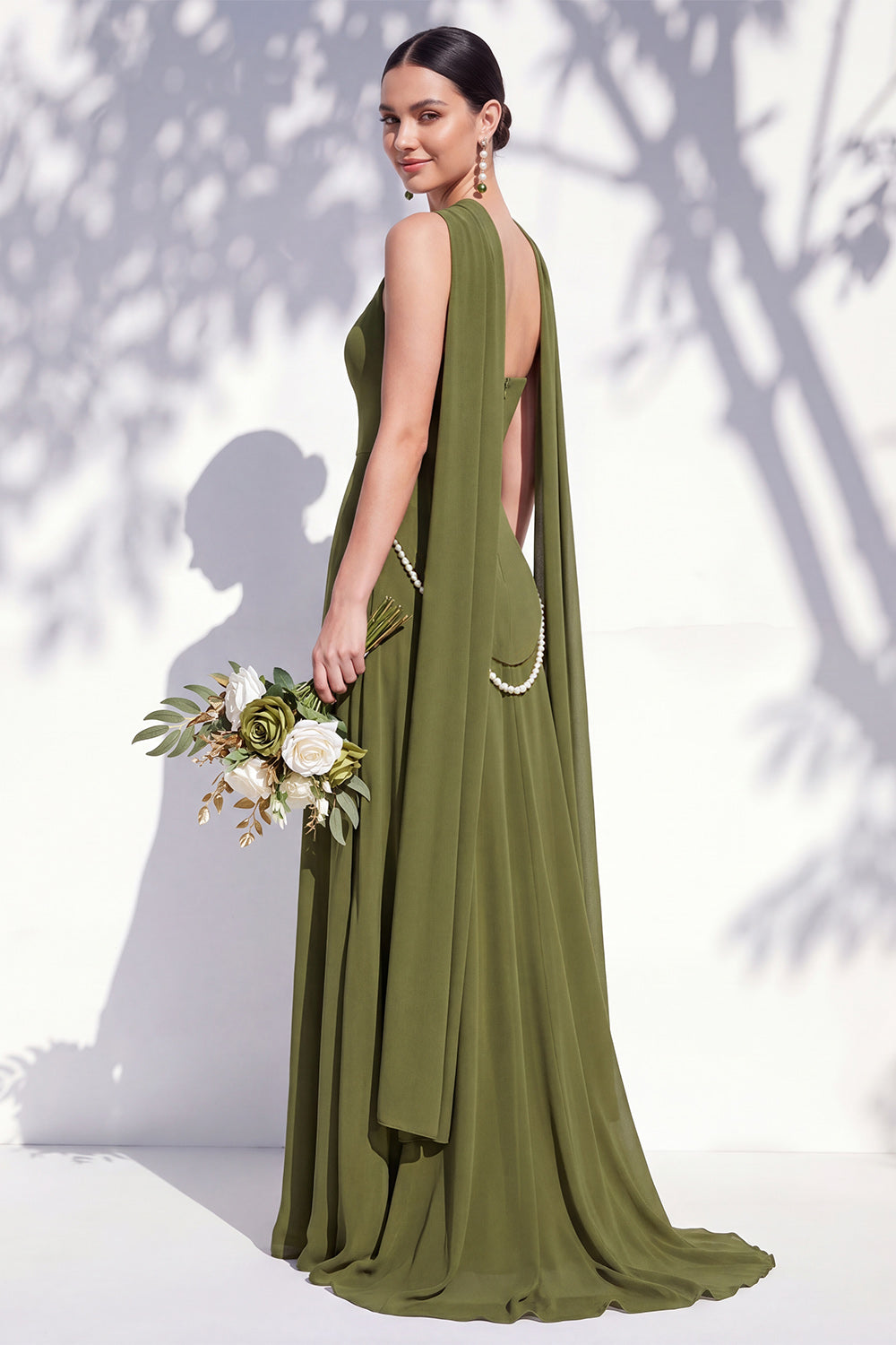 Strapless Long Butter Yellow A Line Neck Scarf Bridesmaid Dress with Pearls