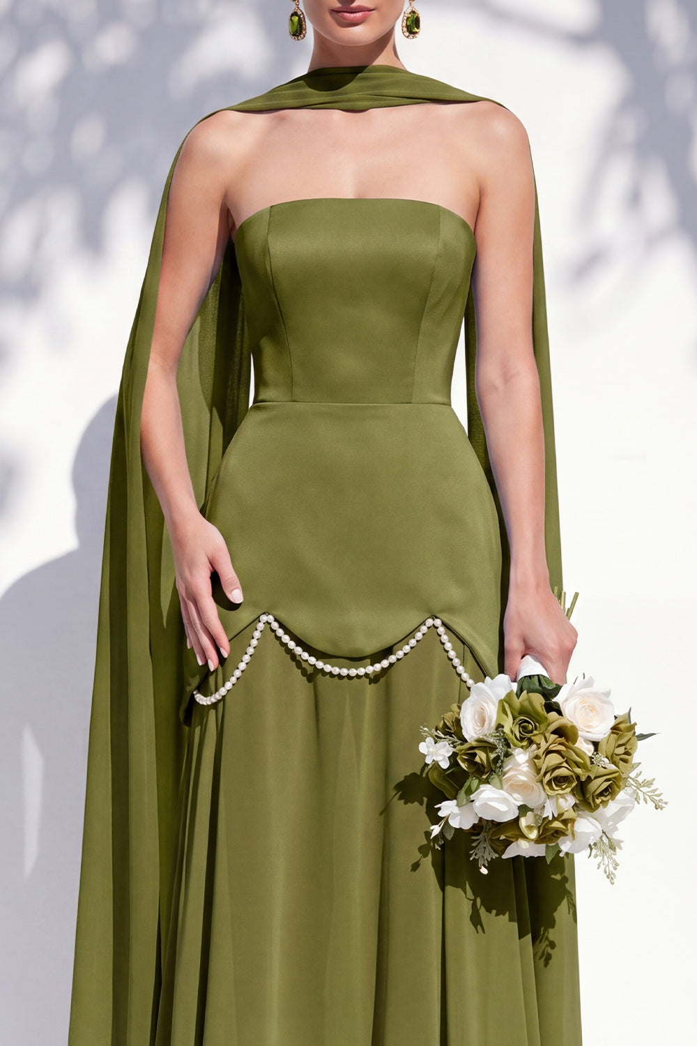 Strapless Long Butter Yellow A Line Neck Scarf Bridesmaid Dress with Pearls