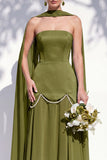 Strapless Long Butter Yellow A Line Neck Scarf Bridesmaid Dress with Pearls
