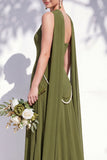Strapless Long Butter Yellow A Line Neck Scarf Bridesmaid Dress with Pearls