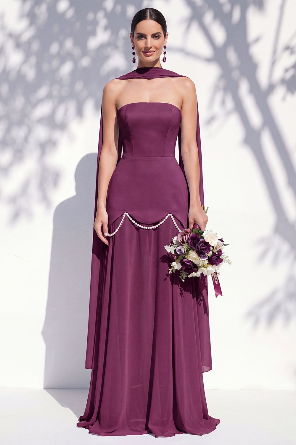 Strapless Long Butter Yellow A Line Neck Scarf Bridesmaid Dress with Pearls