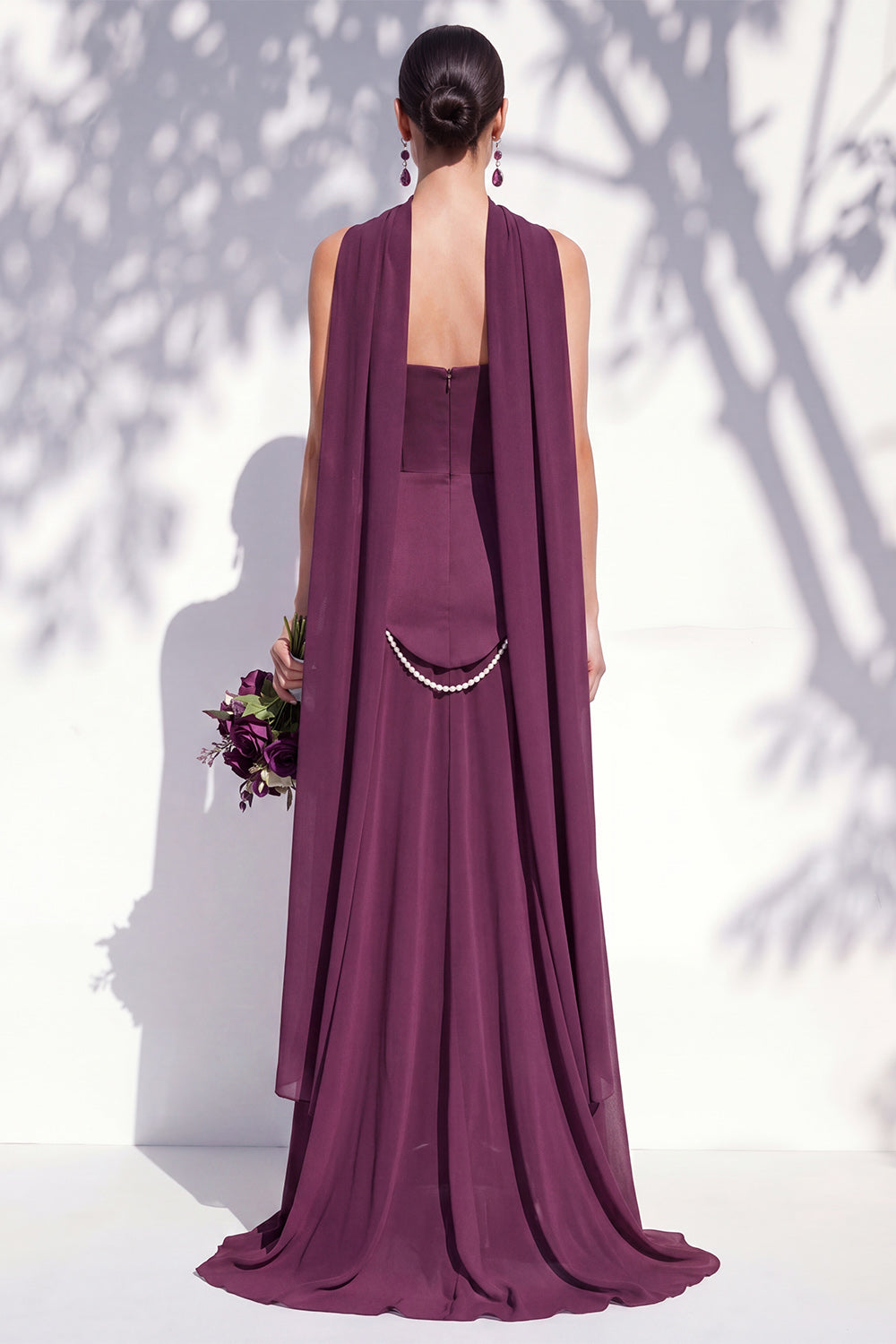 Strapless Long Butter Yellow A Line Neck Scarf Bridesmaid Dress with Pearls